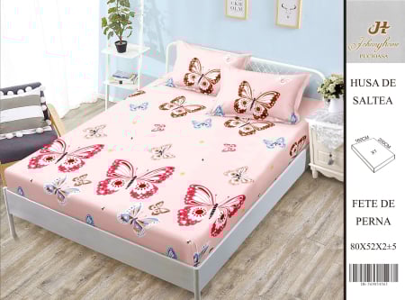 Huse De Pat BS 160x200cm - Husa Din Bumbac Satinat Cu Elastic Si Fete De Perna 160X200cm - Roz Cu Fluturi