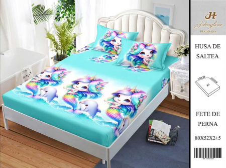 Huse De Pat BS 160x200cm - Husa Din Bumbac Satinat Cu Elastic Si Fete De Perna 160X200cm - Sirene Si Delfini