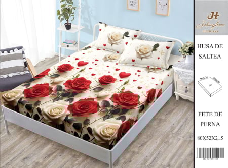 Huse De Pat BS 160x200cm - Husa Din Bumbac Satinat Cu Elastic Si Fete De Perna 160X200cm - Trandafiri Si Inimioare