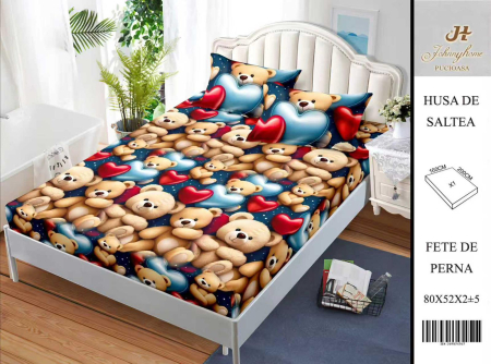 Huse De Pat BS 160x200cm - Husa Din Bumbac Satinat Cu Elastic Si Fete De Perna 160X200cm - Ursuleti Si Inimioare