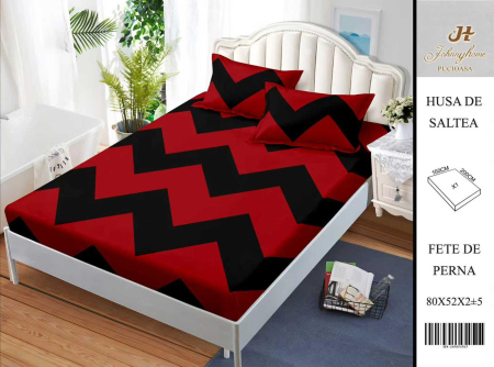 Huse De Pat BS 160x200cm - Husa Din Bumbac Satinat Cu Elastic Si Fete De Perna 160X200cm - Zig Zag Rosu Cu Negru