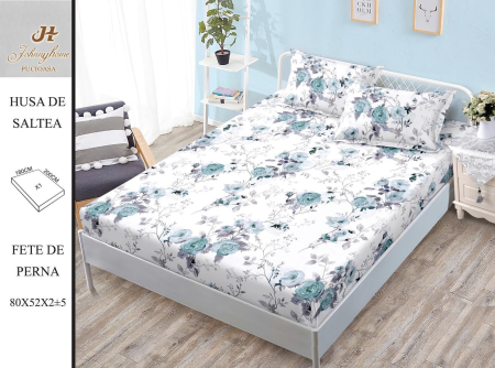 Huse De Pat Bumbac Satinat - Husa Din Bumbac Satinat Cu Elastic Si Fete De Perna 180X200cm - Alb Cu Flori Albastrui