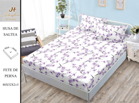 Huse De Pat BS 180x200cm - Husa Din Bumbac Satinat Cu Elastic Si Fete De Perna 180x200cm - Alb Cu Flori Mov