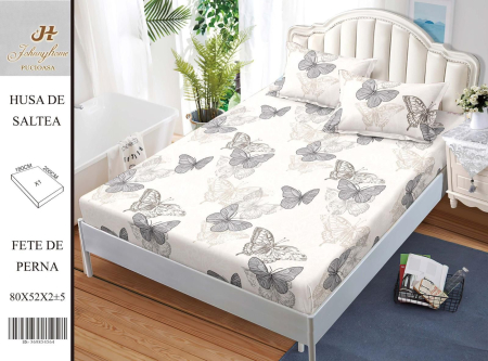 Huse De Pat Bumbac Satinat - Husa Din Bumbac Satinat Cu Elastic Si Fete De Perna 180X200cm - Alb Cu Fluturasi