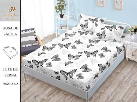 Huse De Pat Bumbac Satinat - Husa Din Bumbac Satinat Cu Elastic Si Fete De Perna 180X200cm - Alb Cu Fluturasi