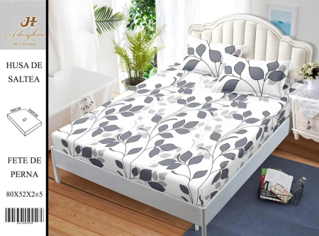 Huse De Pat Bumbac Satinat - Husa Din Bumbac Satinat Cu Elastic Si Fete De Perna 180X200cm - Alb Cu Frunze Gri