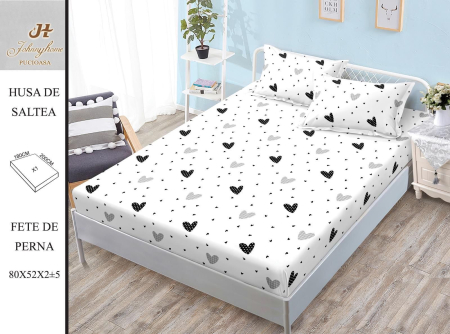 Huse De Pat Bumbac Satinat - Husa Din Bumbac Satinat Cu Elastic Si Fete De Perna 180X200cm - Alb Cu Inimioare