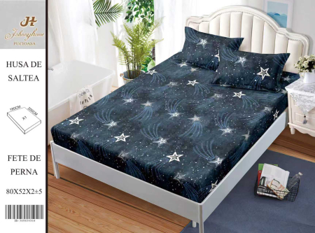 Huse De Pat BS 180x200cm - Husa Din Bumbac Satinat Cu Elastic Si Fete De Perna 180x200cm - Albastru Cu Planete Si Stele