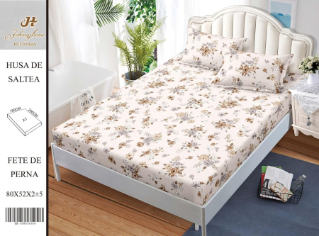 Huse De Pat Bumbac Satinat - Husa Din Bumbac Satinat Cu Elastic Si Fete De Perna 180X200cm - Bej Cu Trandafiri Aurii