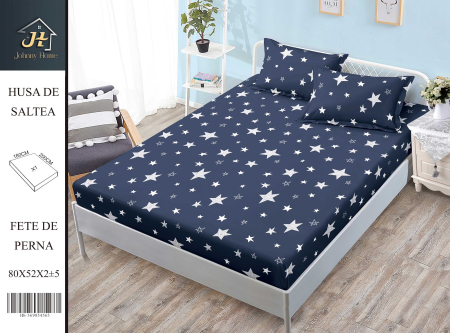 Huse De Pat Bumbac Satinat - Husa Din Bumbac Satinat Cu Elastic Si Fete De Perna 180X200cm - Bleumarin Cu Stelute