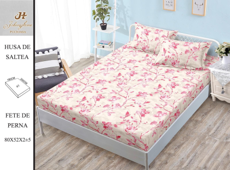Huse De Pat Bumbac Satinat - Husa Din Bumbac Satinat Cu Elastic Si Fete De Perna 180X200cm - Crem Cu Flori Roz
