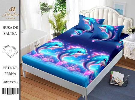 Huse De Pat BS 180x200cm - Husa Din Bumbac Satinat Cu Elastic Si Fete De Perna 180x200cm - Delfini