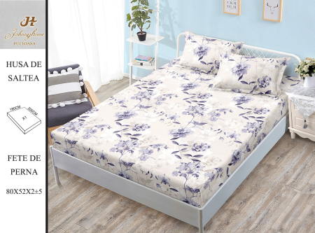 Huse De Pat BS 180x200cm - Husa Din Bumbac Satinat Cu Elastic Si Fete De Perna 180x200cm - Flori Lila