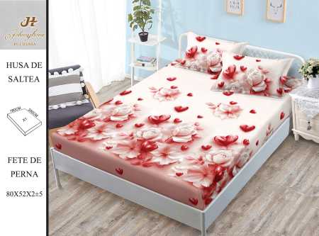Huse De Pat BS 180x200cm - Husa Din Bumbac Satinat Cu Elastic Si Fete De Perna 180x200cm - Flori Si Inimioare