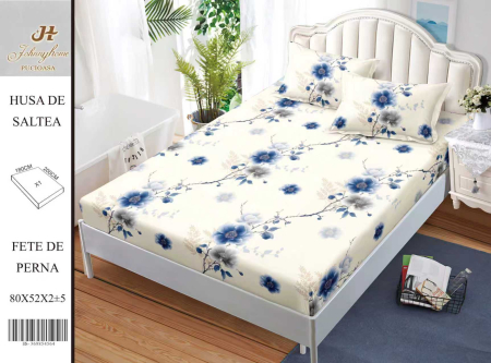 Huse De Pat BS 180x200cm - Husa Din Bumbac Satinat Cu Elastic Si Fete De Perna 180x200cm - Floricele Albastre