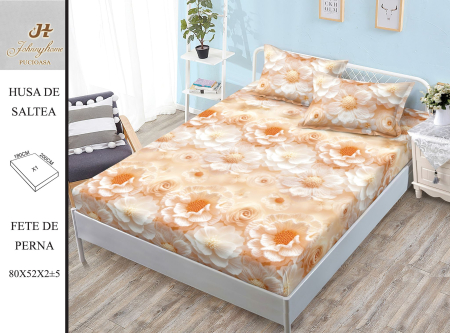 Huse De Pat BS 180x200cm - Husa Din Bumbac Satinat Cu Elastic Si Fete De Perna 180X200cm - Floricele Crosetate