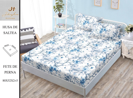 Huse De Pat Bumbac Satinat - Husa Din Bumbac Satinat Cu Elastic Si Fete De Perna 180X200cm - Foricele Si Crengute Albastre