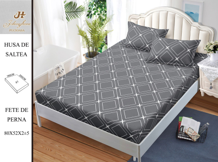 Huse De Pat BS 180x200cm - Husa Din Bumbac Satinat Cu Elastic Si Fete De Perna 180X200cm - Gri Antracit Cu Romburi