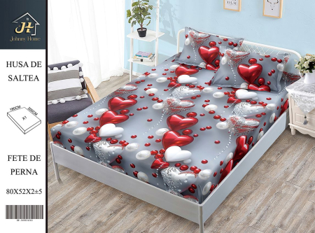 Huse De Pat Bumbac Satinat - Husa Din Bumbac Satinat Cu Elastic Si Fete De Perna 180X200cm - Gri Cu Inimioare Si Perle