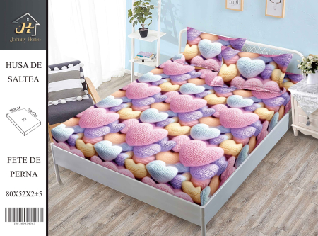 Huse De Pat Bumbac Satinat - Husa Din Bumbac Satinat Cu Elastic Si Fete De Perna 180X200cm - Inimi Crosetate