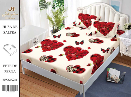 Huse De Pat BS 180x200cm - Husa Din Bumbac Satinat Cu Elastic Si Fete De Perna 180x200cm - Inimioare Din Trandafiri