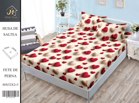 Huse De Pat Bumbac Satinat - Husa Din Bumbac Satinat Cu Elastic Si Fete De Perna 180X200cm - Inimioare Dulci