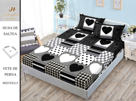 Huse De Pat BS 180x200cm - Husa Din Bumbac Satinat Cu Elastic Si Fete De Perna 180x200cm - Inimioare Si Carouri