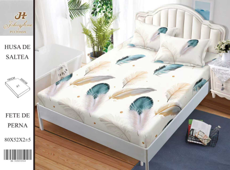 Huse De Pat BS 180x200cm - Husa Din Bumbac Satinat Cu Elastic Si Fete De Perna 180x200cm - Pene Crem Si Albastre