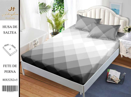 Huse De Pat Bumbac Satinat - Husa Din Bumbac Satinat Cu Elastic Si Fete De Perna 180X200cm - Romburi Gri Degrade