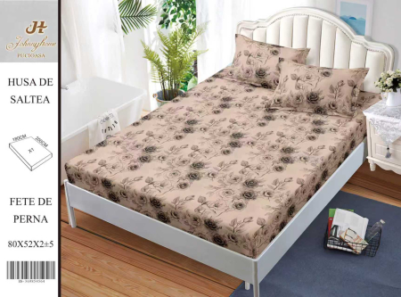 Huse De Pat BS 180x200cm - Husa Din Bumbac Satinat Cu Elastic Si Fete De Perna 180x200cm - Trandafiri Maro