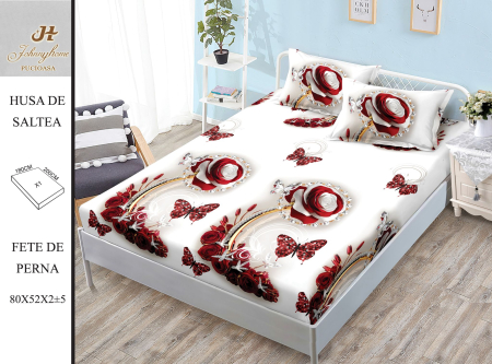 Huse De Pat BS 180x200cm - Husa Din Bumbac Satinat Cu Elastic Si Fete De Perna 180X200cm - Trandafiri Si Fluturi