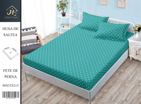 Huse De Pat Bumbac Satinat - Husa Din Bumbac Satinat Cu Elastic Si Fete De Perna 180X200cm - Turcoaz Cu Stelute