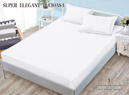 HUSE DE PAT CU ELASTIC - Husa Din Bumbac Tip Damasc 160x200cm - Alb