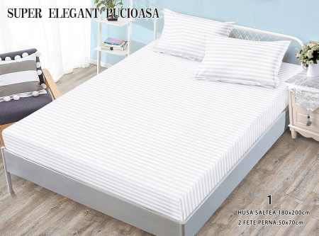HUSE DE PAT CU ELASTIC - Husa Din Bumbac Tip Damasc 180x200cm - Alb