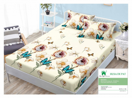 HUSE DE PAT CU ELASTIC - Husa Din Bumbac Tip Finet 90x200cm - Bujori