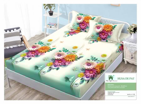 HUSE DE PAT CU ELASTIC - Husa Din Bumbac Tip Finet 90x200cm - Floricele Multicolore