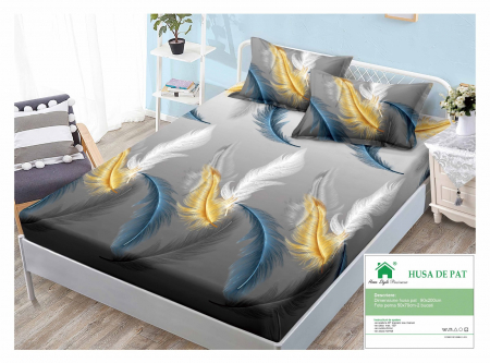 HUSE DE PAT CU ELASTIC - Husa Din Bumbac Tip Finet 90x200cm - Pene Albastre Aurii Si Albe