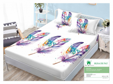 HUSE DE PAT CU ELASTIC - Husa Din Bumbac Tip Finet 90x200cm - Pene Colorate
