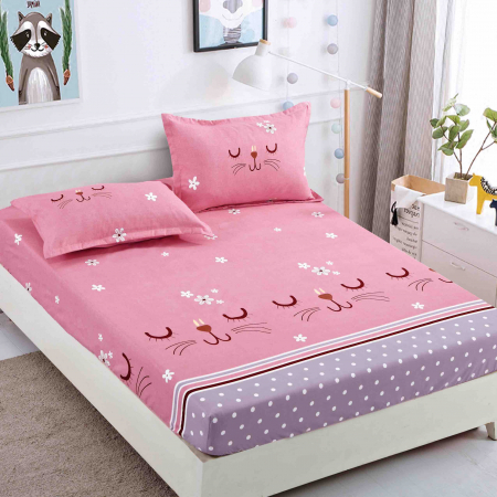 HUSE DE PAT CU ELASTIC - Husa Din Bumbac Tip Finet 90x200cm - Pisicuta Roz