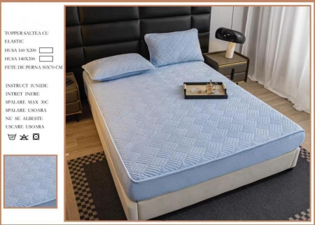 HUSE DE PAT CU ELASTIC - Husa Din Catifea Tip Topper 160x200cm - Bleu