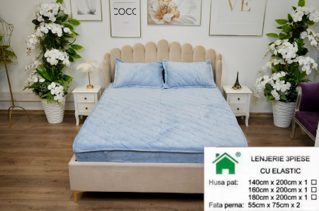 HUSE DE PAT CU ELASTIC - Husa Din Catifea Tip Topper Bleu - Selecteaza Dimensiunile Dorite