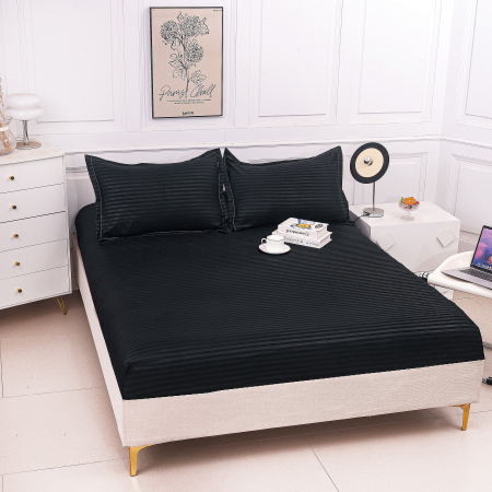 HUSE DE PAT CU ELASTIC - Husa Din Damasc Satinat Subtire 180x200cm - Negru