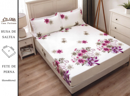 HUSE DE PAT CU ELASTIC - Husa Din Finet 180x200cm - Flori Si Fundite Mov