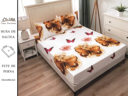 HUSE DE PAT CU ELASTIC - Husa Din Finet 180x200cm - Alb Cu Fluturi Portocalii