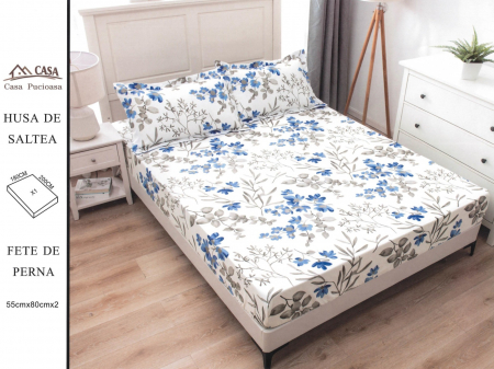 HUSE DE PAT CU ELASTIC - Husa Din Finet 180x200cm - Alb Cu Flori Albastre
