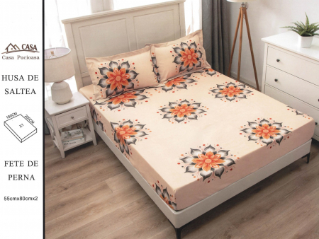 HUSE DE PAT CU ELASTIC - Husa Din Finet 180x200cm - Bej Cu Flori
