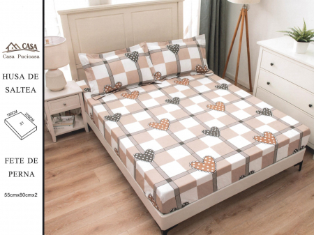 HUSE DE PAT CU ELASTIC - Husa Din Finet 180x200cm - Gri Cu Inimioare