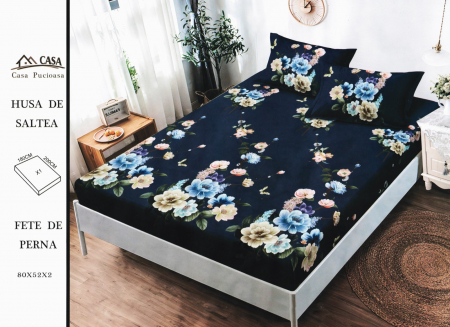 HUSE DE PAT CU ELASTIC - Husa Din Finet 180x200cm - Bleumarin Cu Flori