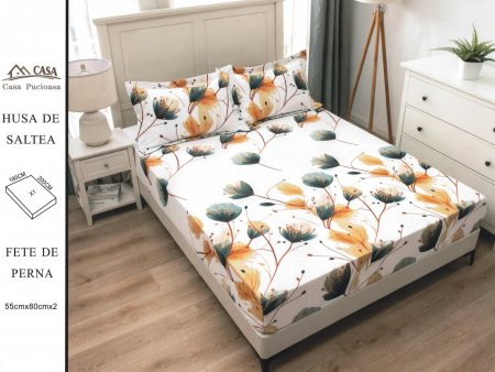 HUSE DE PAT CU ELASTIC - Husa Din Finet 180x200cm - Alb Cu Flori Galbene