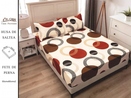 HUSE DE PAT CU ELASTIC - Husa Din Finet 180x200cm - Bej Cu Cercuri